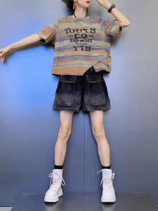 Shalldoer | Bộ đồ hai mảnh thời trang mùa hè cho nữ Áo thun tay ngắn nhuộm màu không đều Quần short denim đính hạt Đồ hai mảnh