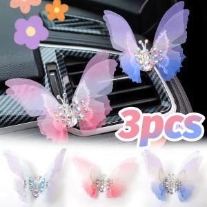3PCS Car Center Console Moving Butterfly Gradient Color Dynamic Fluttering Alloy Sheer Fabric Butterfly Wings Interior Decor Ornament