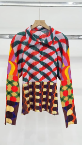 KESHANGYI Multi-Color Geometric Pleated Long-Sleeve Shirt Artistic Vibrant Trendy Daily Casual Fashion Essential Stylish Layering Pieces