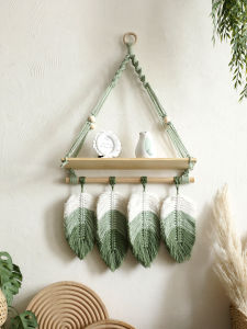 Macrame Wall Hanging Shelf with Leaf Tassels Floating Wall Shelf Boho Rustic Home Decor fo Living Room Bedroom Nursery Gift