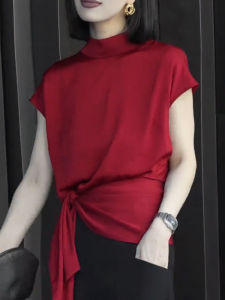 UYFY | Red Half-High Collar Short Sleeve T-Shirt Womens Summer New Fashion Thin Design Knot Sense Slim Fit Top Uyfy Commute Style