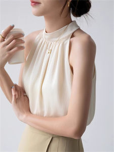 Womens French Style Sleeveless Vest Top for Outerwear Polyester Material Loose Fit Pure Color Single Piece Work Clothing