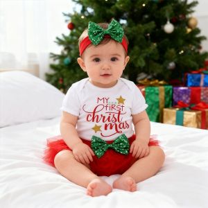 Christmas Baby Girl Clothes Set 3Pcs Infant Clothes Baby Romper Red Tulle Tutu Dress and Bow Headband Set