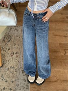 American Retro Blue Wide Leg Jeans Women Loose Straight Slimming Casual Broom Floor Pants Low Waist Denim Casual Leisure
