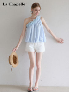 La Chapelle | Off-Shoulder Sleeveless Tank Top Blouse Summer Blue Stripe 3D Flower Loose