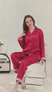 deeteenee ชุดนอน แขนยาวขายาว คอปก ผู้หญิง น่ารักๆผ้าซาตินนิ่มใส่สบาย สีสวยสด สไตล์เกาหลี GZ2