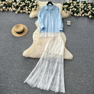 Bộ Đồ Hai Mảnh Dài Tay Ren Phong Cách Hàn Quốc Quần Dài Bó Sát Váy Nửa Thân Áo Sơ Mi Bộ Đồ Thời Trang Mùa Hè Cho Nữ