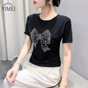 Yimei Vòng cổ Bow kim cương nổi bật Áo thun tay ngắn cho phụ nữ trong mùa hè 2024 mới giản dị và linh hoạt mỏng và đen sáng Top