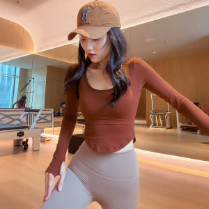 New Womens Yoga Clothes with Chest Pad Long Sleeve Fitness Sports Top Elastic Slimming U-Neck Running T-Shirt Breathable Moisture Wicking