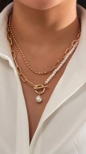 2Pcs/Set Vintage Imitation Pearl Chain Necklace Women Fashion Statement Goth OT Buckle Pendant Choker Jewelry Wed Accessories