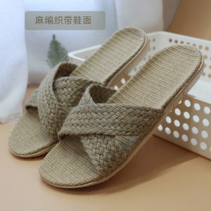 Linen Slippers Woven Straw Sandals Womens Pure Linen Straw Woven Japanese Home All Year Round Mute Indoor Retro Mens Linen Sandals