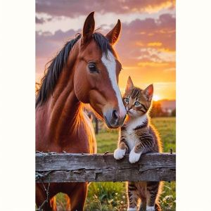 500/1000/1200/2000PCS Jigsaw Puzzle Sunset Horse And Kitten Animal Art For Adults Great Weekend Relaxation And Family Fun