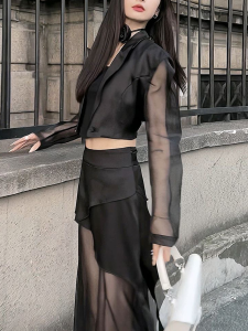 Elegant High Waist Shoulder Pad Belted Short Jacket Womens Autumn New Style Slimming Outerwear with Mesh Splicing Pants