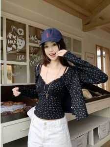 Retro Floral Lace Trim Halter Vest Womens Early Autumn Slimming Open Cardigan Two-Piece Set Gentle First Love Soft Fabric