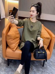 Spring 2025 Womens Loose Fit Cotton Sweatshirt N Letter Embroidery Long Sleeve round Neck mid Length Button Placket Street Style