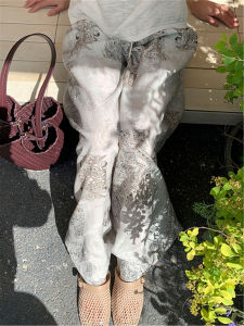 QIAONIAOGE | Quần ống rộng in họa tiết lụa tím phong cách mùa hè cổ điển cho nữ quần dài thoải mái thoáng khí vải lụa băng quần dài thường ngày