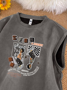 American Style High Street Fashion Brand Ins Suede Sleeveless T-Shirt Men Fashion Retro Basketball Sports Loose Underwaist Tank