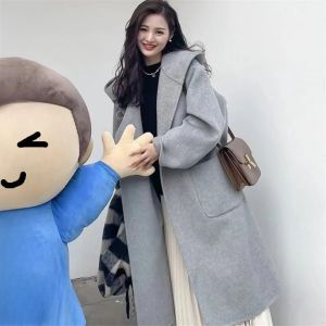 Áo Khoác Len Cashmere Hai Mặt Có Mũ Trùm Đầu Dành Cho Nữ Dáng Dài Rộng Rãi Kiểu Dáng Thanh Lịch Đơn Giản Phong Cách Công Sở Thời Trang Xuân Thu