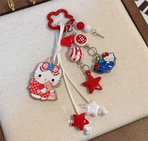 Sanrio | Fashion Sanrio Hello Kitty Denim Outfit Beaded Phone Decor Pendant Keychain Portable Handbag Anti-Lost Charm Headphone Accessory