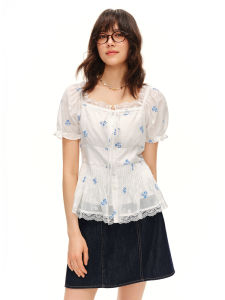 DUSHU | Custom-fit Split Design Floral Square Neck Puff Sleeve Blouse