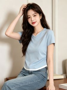 BALENO | Comfortable Cotton Fake Two Piece V-Neck Color Block T-Shirt