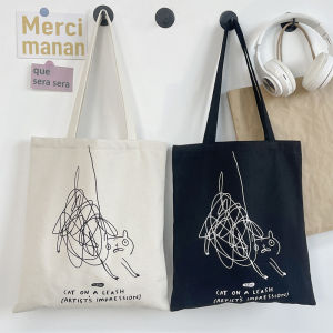กระเป๋าสะพายผ้าแคนวาสลายเส้นแมวน่ารักสําหรับผู้หญิงกระเป๋าถือฤดูร้อนแบบสบาย ๆ พร้อมซิปปิดและภายในที่อ่อนนุ่ม