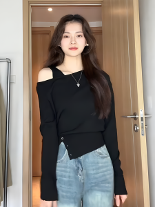 เสื้อสเวตเตอร์ถักแขนยาวเปิดไหล่สีดำไซส์ใหญ่สำหรับผู้หญิง เสื้อชั้นในฤดูใบไม้ผลิและฤดูใบไม้ร่วง เสื้อชั้นในแบบสวมทับ