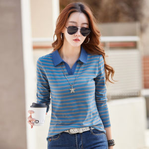 Pure Cotton Long Sleeve Polo Shirt Womens Sporty Striped Turn-down Collar T-shirt Commute Style Slim Fit Classic Pattern