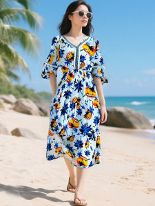 Sanya Tourist Island Floral Print High Waist Vacation Loose Slimming Midi Sleeve Beach Dress Womens Clothing Commute Style