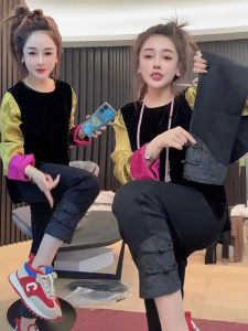 Slimming High Waist Straight Leg Casual Pants Womens Fashion Spring New Black Cotton Elastic Belt Buckle Korean Style