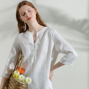 Miccbeirn | Comfortable Linen Womens T-shirt Heavy Embroidery Glittering Loose Vintage Style Top Breathable Artistic White Casual Wear