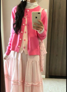 Sweet Korean Style Pink Knitted Open Cardigan Womens Long Sleeve Loose Sweater Jacket Spring New Arrival Anti-Aging