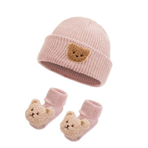 2Pcs Solid Knitted Beanies&Bear Plush Cartoon Thicken Short Socks Set Fall Winter Turban Hats Infant Boys Girls 0-12M Stockings