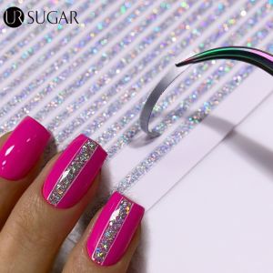 UR SUGAR 3D Lines Nail Stickers Iridescent Silver Rose Gold Metal Stripe Letters Decals Curve Gel Nails Art Sliders Manicure Decor