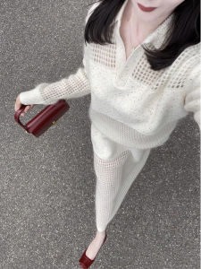 Áo Len Dệt Kim Rỗng Mềm Mại Bằng Lông Ngựa Biển Hai Mảnh Áo Len Dệt Kim Hở Vai Dài Tay Cổ Chữ V Màu Trơn Phong Cách Công Sở Mùa Xuân