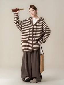 Nurture One | Áo Cardigan Knit Có Mũ Dây Kẻ Sọc Thoải Mái Dài Trung Bình