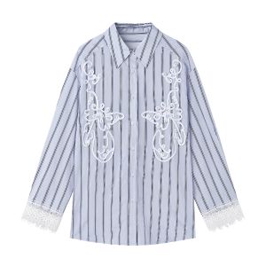 Miss Cocoony Lace Embroidered Belted Striped Set Casual Style Long Sleeve Shirt Shorts Two-Piece Suit for Young Women