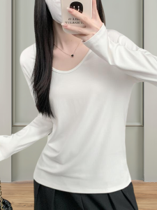 Áo Thun Dài Tay Mỏng Màu Trắng Cotton Nguyên Chất Cho Nữ Mùa Xuân Thu Thường Ngày Đa Năng Cổ Chữ U Dài Thường