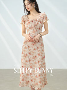 Retro Dyed Print Ruffled Square Neck Spaghetti Strap High Waist Womens Dress