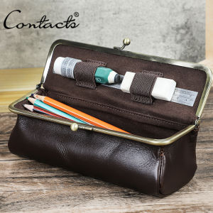 Liên hệ của bằng da chính hãng tự làm túi đựng bút chì người đàn ông/phụ nữ kiss-khóa bút chì cổ điển trường hợp văn phòng quà Tặng lưu trữ hộp đựng bút chì