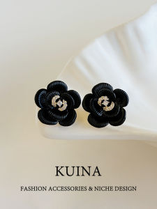 kuina | Vintage French Black Camellia Luxurious Silver Earrings