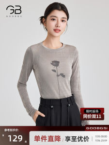 GOOBGS Long Sleeve Printed T-Shirt Womens Spring Autumn Fashionable round Neck Slimming Base Shirt Floral Pattern Commute Style