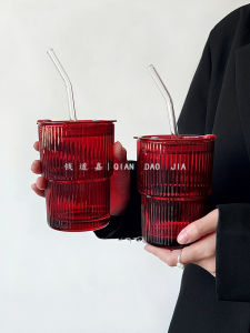 INS Style Retro Red Coffee Cup with Lid and Straw Glass Tumbler Ice American For Home Latte Beverage Water Cup