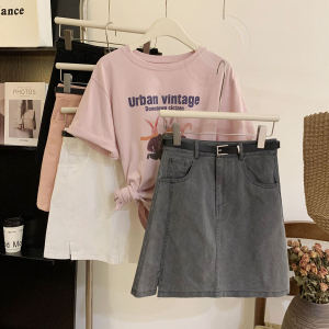 Classic High เอว สีเทา เดนิม กระโปรงมินิ ผู้หญิง ฤดูใบไม้ผลิ ฤดูร้อน ทรงเอ Half Body มีเข็มขัด พรางหุ่น หลากหลาย กระโปรงสั้น