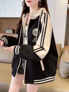 American Retro Baseball Jacket Womens Loose Casual Hoodie Outerwear Fall New Style Versatile Large Size Hooded Sweatshirt Coat