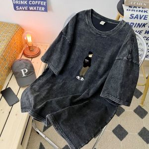 Washed American Style Mens Short Sleeve T-Shirt Summer Vintage Couples Top Half Sleeve Body Fit Cotton Hip Hop T-Shirt