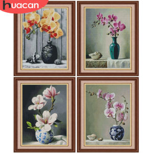 HUACAN 11CT Embroidery Orchid Flower Cross Stitch Kits Printed Canvas Floral Needlework Handmade Decorative