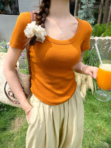 Orange U-neck Short Sleeve Slim Fit T-shirt Womens Summer New Style Versatile Half Sleeve Pure Color Top Commute Korean Style