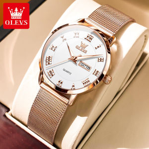 OLEVS watch for women original waterproof luminous double calendar diamond dial stylish and elegant stainless steel quartz jam tangan wanita