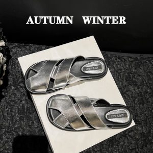 French Style Flat Bottomed Head Covered Sandals Womens Summer Outdoor Wear with Skirts Elegant Silver Color Slip-On Shoes